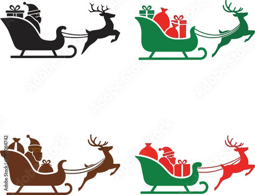Santa Claus Sleigh with Reindeer Festive Holiday Vector Illustration Set