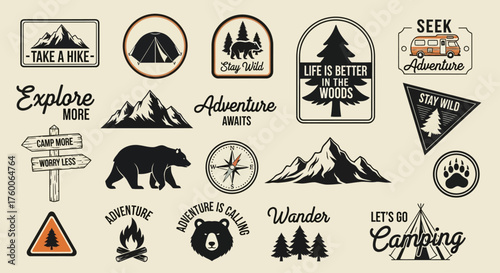 A curated collection of vintage outdoor adventure logos and retro camping badges, featuring mountains, forests, and wildlife illustrations