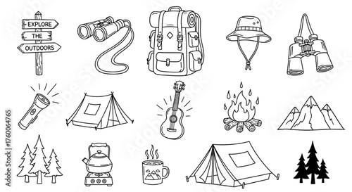 Set of hand-drawn black and white icons for camping and hiking. Outdoor adventure doodle collection for travel exploration