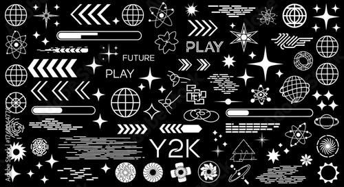 A vector collection of abstract Y2K style design elements. Retro futuristic geometric shapes, icons, and symbols for modern projects