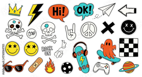 A set of funky hand-drawn doodle stickers representing 90s youth subculture, including skateboards, gaming controllers, and punk rock symbols