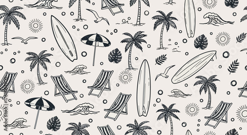Vintage seamless pattern of summer beach vacation symbols. Hand-drawn sketch illustration of tropical palms, surfboards, and waves