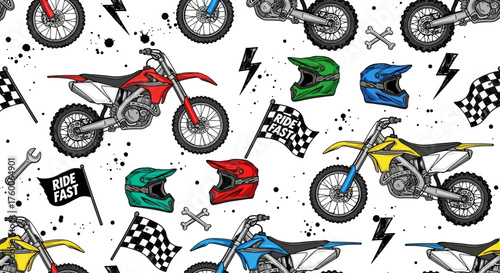 Dynamic seamless motocross pattern with colorful racing bikes and helmets. An energetic illustration for extreme sports fans