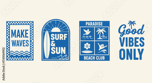 Collection of vintage surf-themed graphic emblems for apparel. Retro beach club and positive vibe logo illustrations with summer motifs