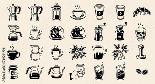 A collection of monochrome coffee icons in a vintage tattoo style, illustrating various brewing methods and cafe culture elements
