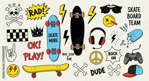 A vibrant collection of hand-drawn skateboarding and youth culture elements, including cool stickers and graffiti-style doodles