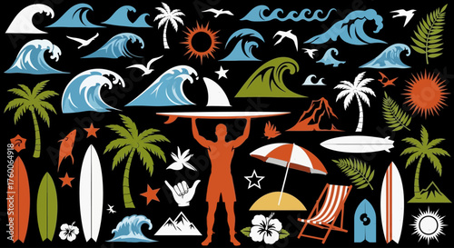 A comprehensive collection of summer surfing and tropical beach vector icons for vacation and travel design