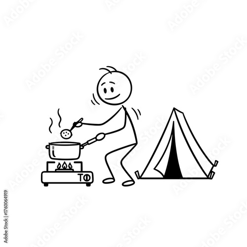 Stick figure cooking on portable stove while camping by tent - Concept of tourism, travel  