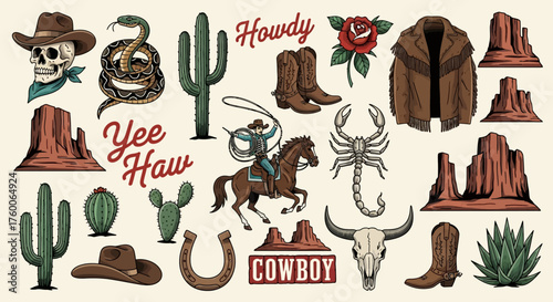 A colorful set of vintage western-themed illustrations, featuring cowboy culture icons, desert landscapes, and wild west symbols