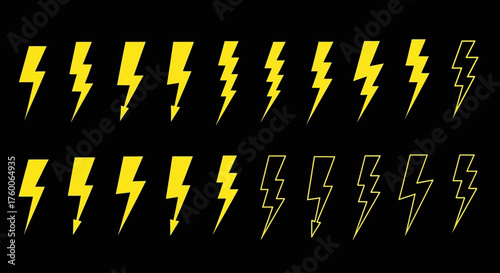 A comprehensive set of yellow lightning bolt icons, showcasing various electric thunder flash shapes and energy symbols for graphic design projects