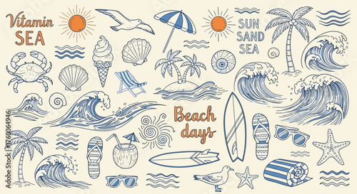 A comprehensive set of hand-drawn vintage summer beach elements, featuring ocean waves, palm trees, and tropical vacation icons in a sketch style