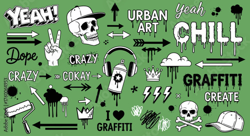 A creative collection of hand-drawn urban graffiti elements and street art symbols. Vector set of doodle-style icons for design