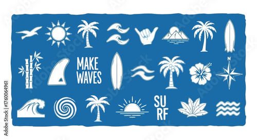 A curated set of rustic surfing and tropical paradise icons. Features ocean waves, palm tree silhouettes, and summer symbols in a vector illustration