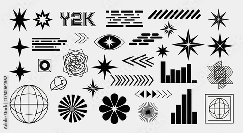 A comprehensive collection of Y2K aesthetic design elements, featuring brutalist stars, geometric shapes, and retro-futuristic icons for digital projects