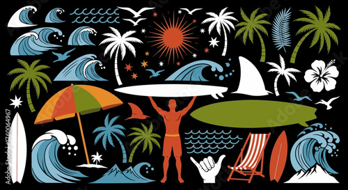 Set of colorful summer surfing icons and beach lifestyle illustrations, including surfer silhouette, ocean waves, and tropical palm trees