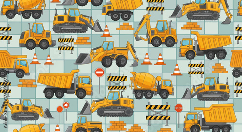 Cute construction vehicles seamless pattern with cartoon trucks, excavators, and bulldozers. Playful background for kids and boys