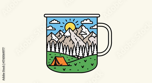 Enamel camping mug illustration featuring a picturesque mountain landscape with a tent, pine forest, and rising sun, symbolizing outdoor adventure