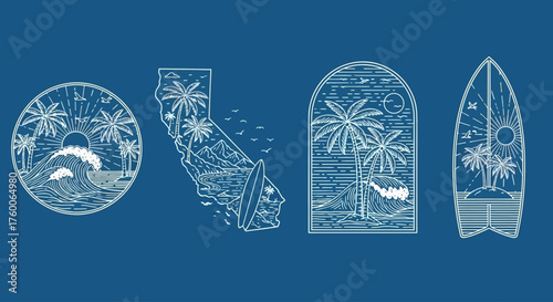 A collection of vintage California surf and beach line art badge illustrations for summer vacation