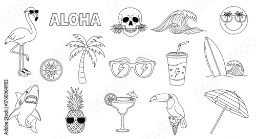 A collection of hand-drawn summer vacation and tropical beach icons in a black and white outline style. Vector set of fun aloha doodles
