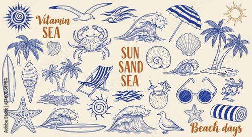 Vintage hand-drawn collection of summer beach elements. Set of retro seaside holiday icons in a classic sketch style