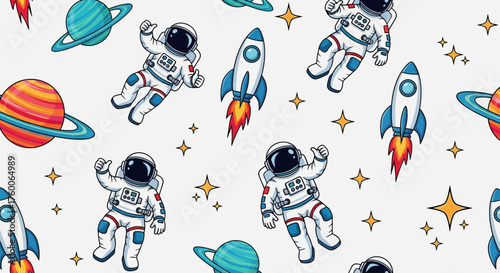 Doodle style cosmic adventure with cute astronauts, spaceships, and stars in a seamless repeat pattern