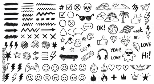 A large collection of hand-drawn doodle elements and sketch icons. Set features symbols like arrows, smileys, stars, and grunge shapes for design