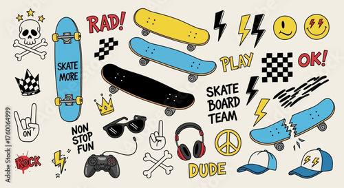Collection of hand-drawn skateboarding doodles and graffiti-style icons for youth culture