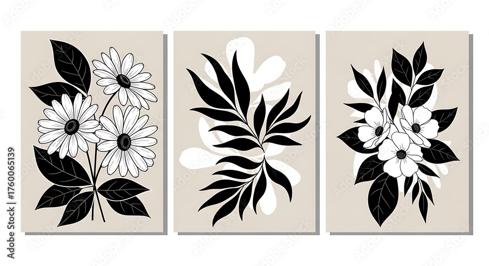 Obraz premium Black and white floral illustration triptych