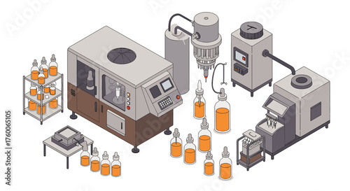 Automated beverage manufacturing line with isometric machinery and bottles