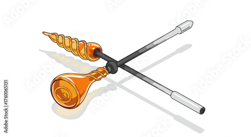 Detailed glassblowing tools with orange glass spiral on white background