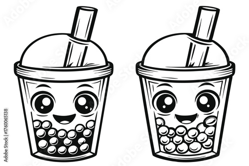 Two cute black and white boba tea cups are smiling at viewer