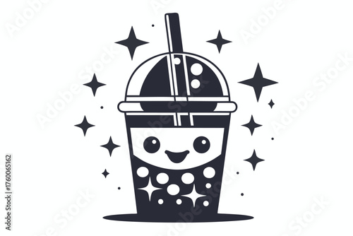 Monochrome bobba tea character smiles sweetly surrounded by sparkling stars on a bright background