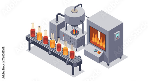 Isometric glass production process with conveyor and industrial machinery