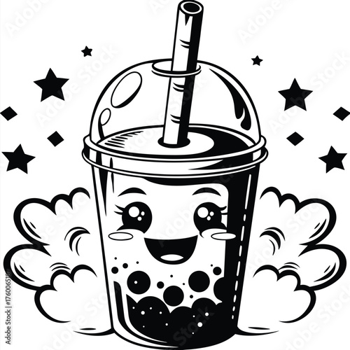 Monochrome bubble tea smiles within cloud puffs and shining stars around this kawaii icon