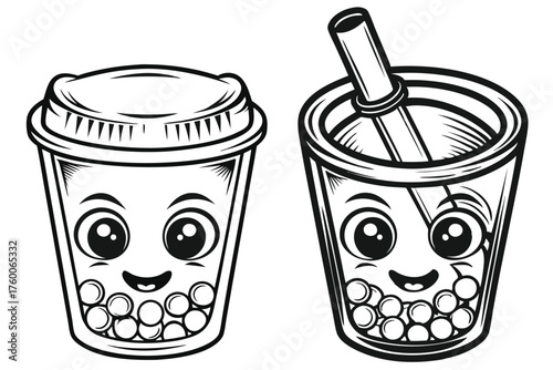 Two black and white bubble tea characters smile with a friendly expression