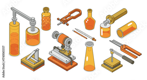 Isometric laboratory equipment set with orange and yellow tones in modern style