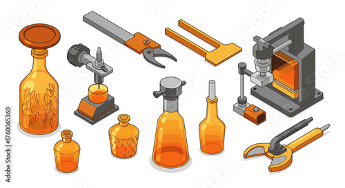 Industrial glass bottling equipment in isometric style with machining tools for precision production