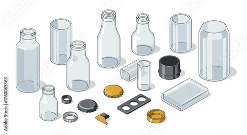 Variety of transparent glass and plastic bottles with caps and containers in isometric view