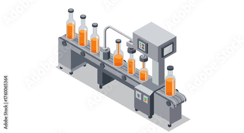 Automated bottling factory conveyor system for juice processing in isometric style