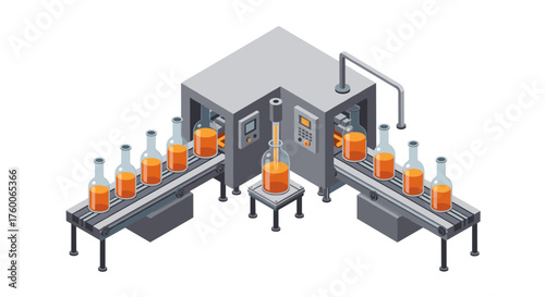 Automated assembly line with bottling machines in isometric style