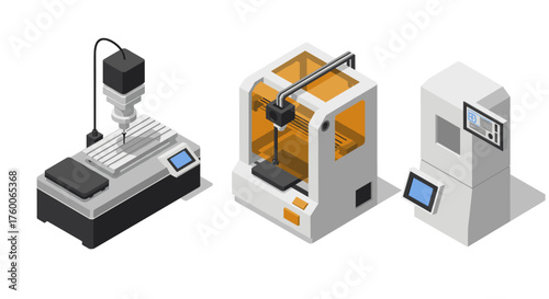 Isometric design of 3d printer set featuring cnc milling and laser cutting machines