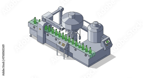 Beverage bottling machine in isometric design with green glass bottles on conveyor