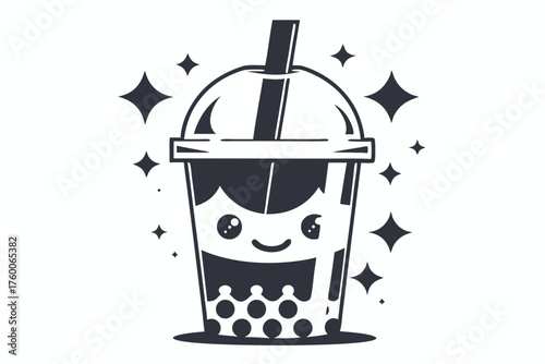 Smiling bubble tea cup icon with a straw shines brightly on a white background