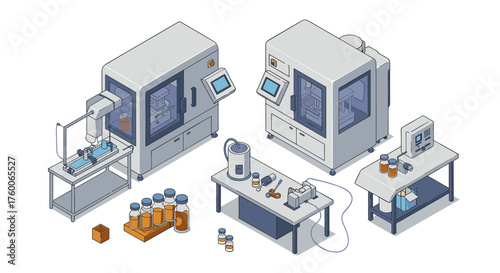 Isometric industrial equipment for automated production in modern factory setup