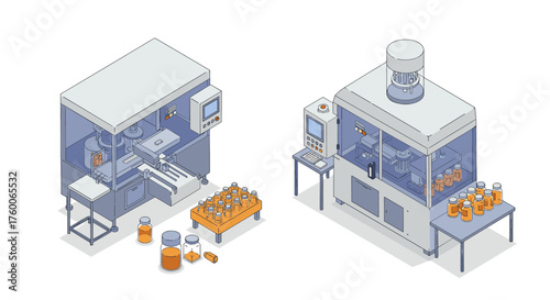 Pharmaceutical production line with isometric filling and capping machines