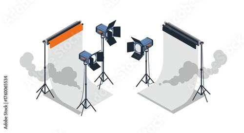 Isometric photography studio setup with lighting and backdrops