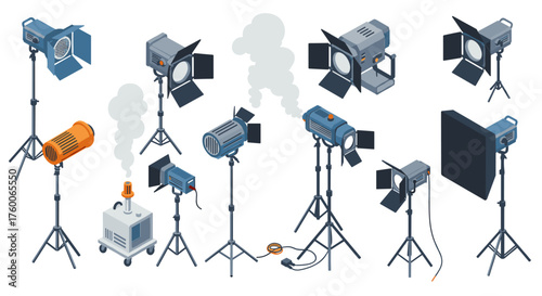 Isometric lighting equipment: studio spotlights and softboxes collection
