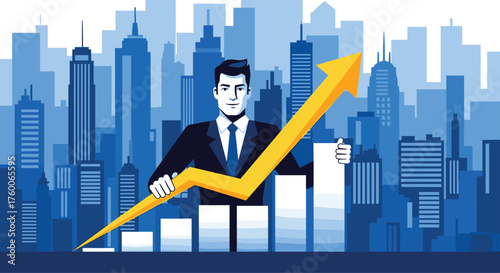 Confident business leader guiding company growth with upward trending bar chart, set against a vibrant city skyline, inspiring success and future prosperity