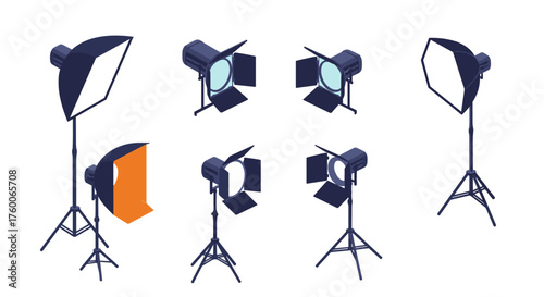 Isometric photography lighting equipment set with softboxes and spotlights