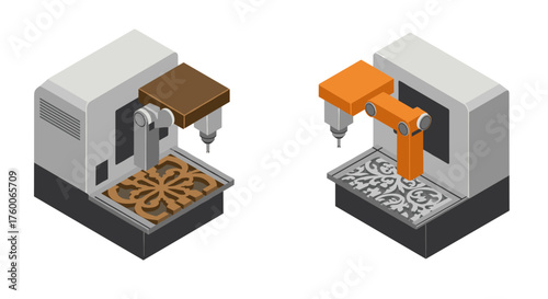 Isometric cnc machines with intricate wood and metal design in minimalist style